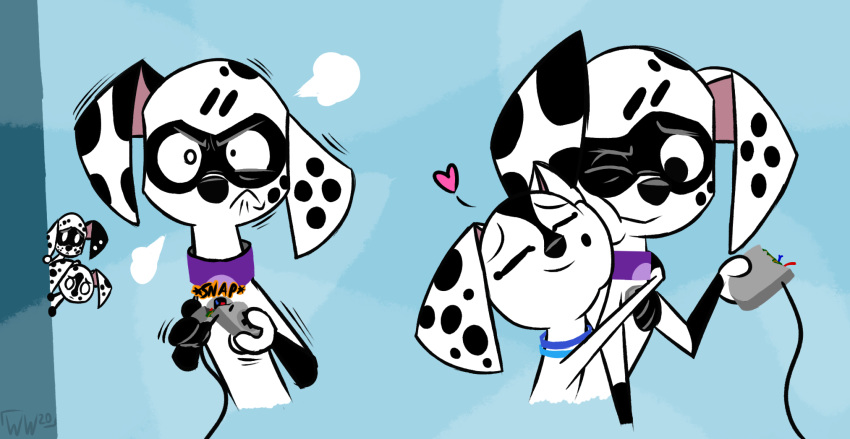 &lt;3 101_dalmatian_street 101_dalmatians angry black_body black_fur broken_controller canid canine canis collar comforting controller d-pad_(whitewolf20xx) dalmatian dee_dee_(101_dalmatians) disney dizzy_(101_dalmatians) domestic_dog duo eyes_closed fan_character female feral frown fur game_controller gaming hi_res hug male mammal one_eye_closed playing_videogame simple_background smile spots white_body white_fur whitewolf20xx