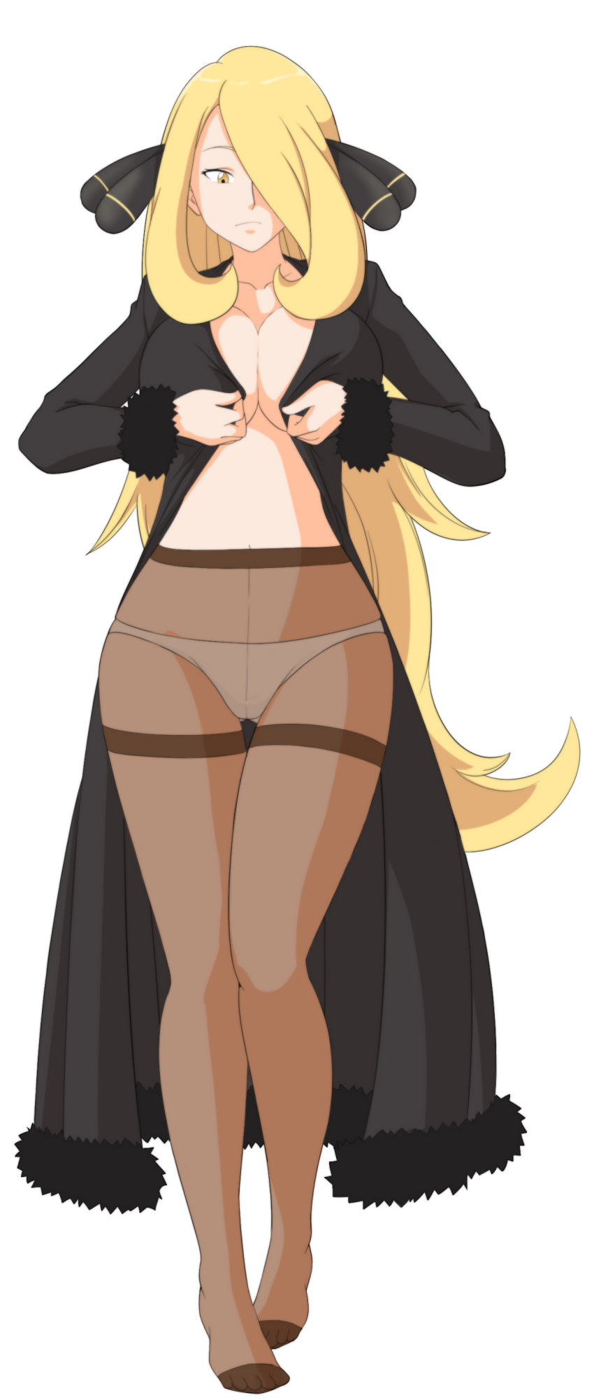 1girl absurdres black_coat blonde_hair breasts brown_legwear caisamax closed_mouth coat collarbone commentary eyelashes feet full_body fur-trimmed_coat fur_trim hair_ornament hair_over_one_eye highres holding light_frown long_hair navel no_bra open_clothes panties pantyhose pokemon pokemon_(game) pokemon_dppt shirona_(pokemon) simple_background solo thighband_pantyhose toes underwear very_long_hair white_background white_panties yellow_eyes