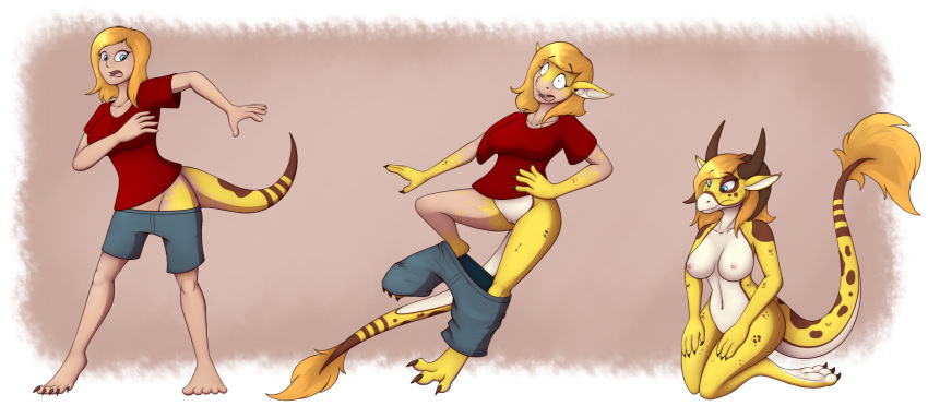 2020 alpha_channel anthro barefoot blonde_hair blue_eyes breasts clothing dragon falling female genitals hair hi_res horn_growth human_to_anthro kneeling nipples nude pussy scalie sequence shirt simple_background solo species_transformation standing surprise tail_growth tomek1000 topwear transformation yellow_body