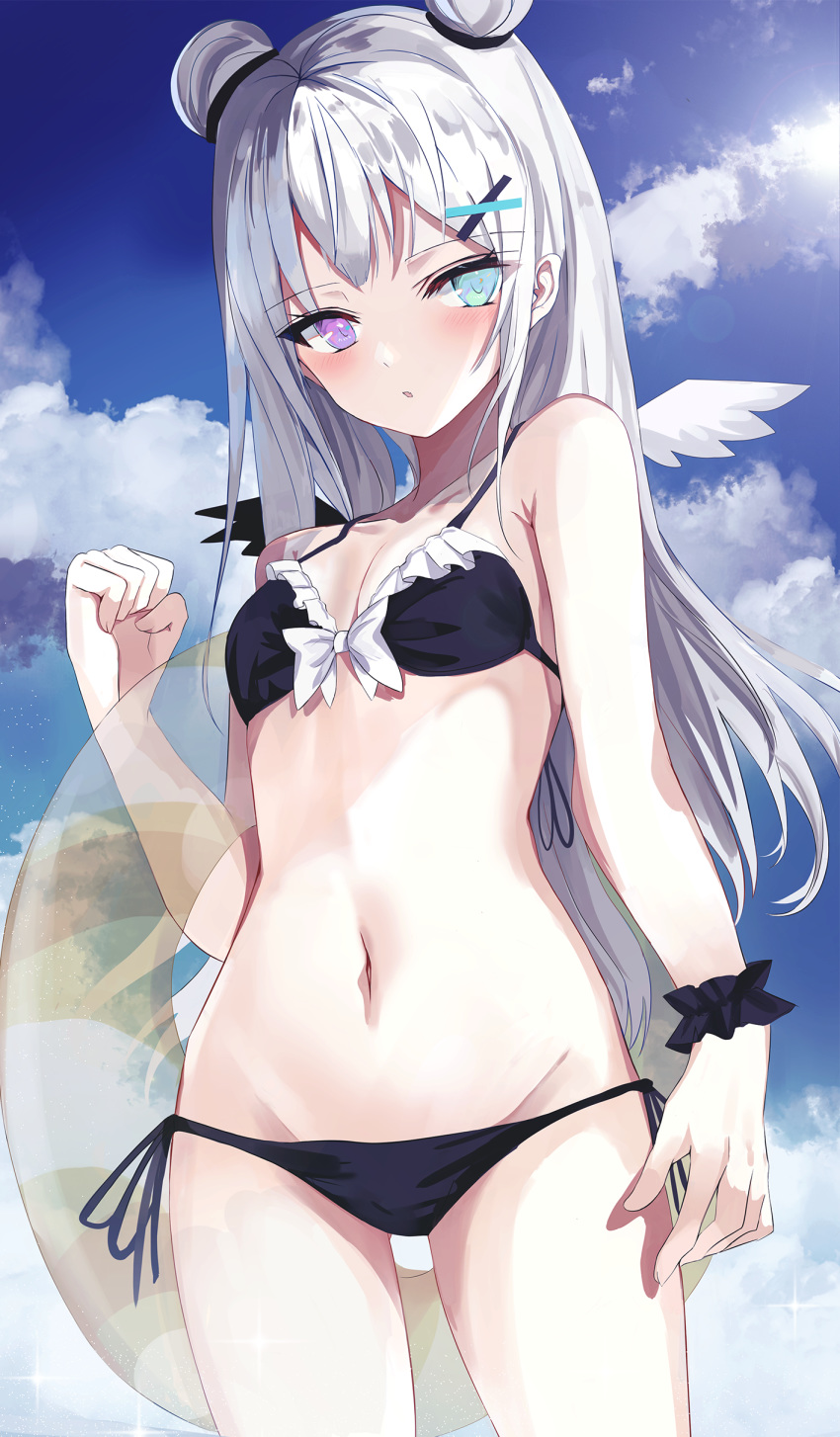 1girl absurdres armpit_crease bare_arms bare_shoulders beckzawachi bikini black_bikini blue_eyes breasts clenched_hand cloud collarbone cowboy_shot day double_bun frilled_bikini frills front-tie_bikini front-tie_top glint groin hair_ornament halterneck hand_up heterochromia highres innertube long_hair looking_at_viewer medium_breasts mini_wings navel original outdoors parted_lips purple_eyes revision side-tie_bikini sidelocks silver_hair sky solo standing stomach string_bikini sunlight swimsuit thighs transparent wading water x_hair_ornament
