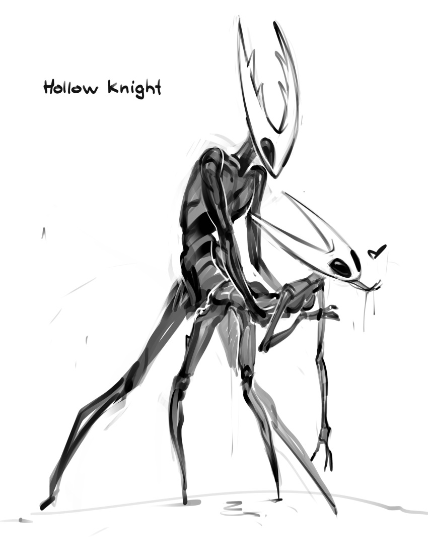 anthro arthropod bodily bodily_fluids butt cum duo female from genital_fluids hi_res hollow_knight hollow_knight_(character) hornet hornet_(hollow_knight) humanoid hymenopteran insect johnfoxart male male/female monochrome team_cherry tongue tongue_out vespid video_games wasp