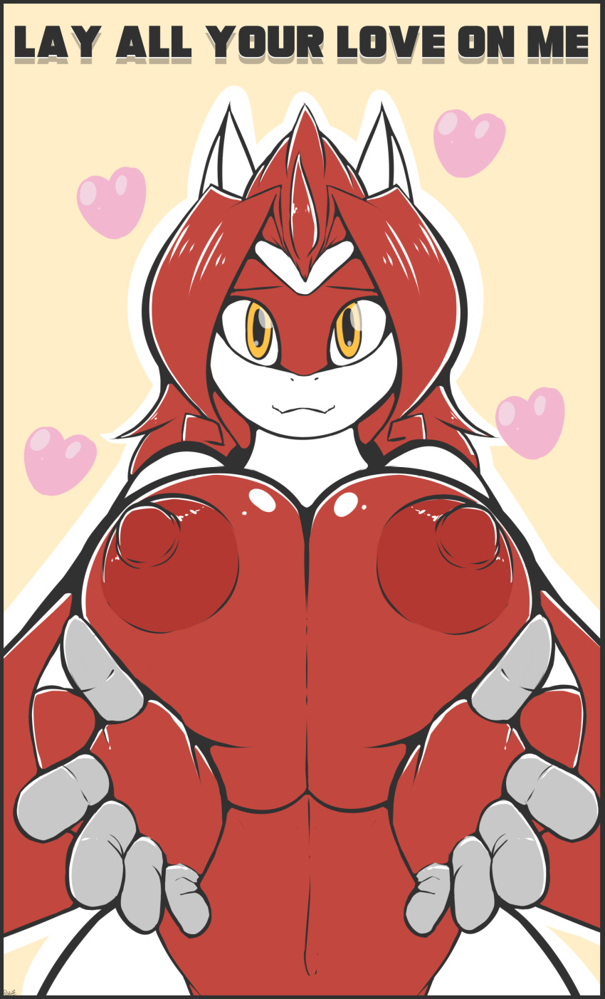 &lt;3 2019 5_fingers absurd_res anthro anthrofied big_breasts breast_squish breasts digital_media_(artwork) english_text fan_character female fingerless_(marking) fingers front_view hair hi_res huge_breasts latias legendary_pok&eacute;mon lewdtias looking_at_viewer nintendo nipples nude outline pok&eacute;mon pok&eacute;mon_(species) pok&eacute;morph quin-nsfw red_hair simple_background solo squish text video_games yellow_eyes