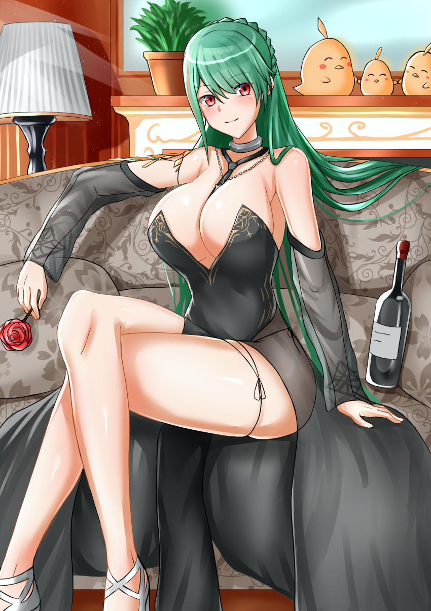 1girl absurdres alcohol arm_support azur_lane bangs bare_shoulders between_breasts black_dress blush bottle braid breasts choker cleavage closed_mouth commentary_request couch crossed_legs detached_sleeves dress eyebrows_visible_through_hair flower green_hair highres holding holding_flower indoors lampshade large_breasts littorio_(azur_lane) littorio_(calabria_aurea)_(azur_lane) long_dress long_hair looking_at_viewer manjuu_(azur_lane) necktie necktie_between_breasts plant red_eyes rekka_(alo4610) rose silver_footwear sitting smile strapless thigh_strap thighhighs