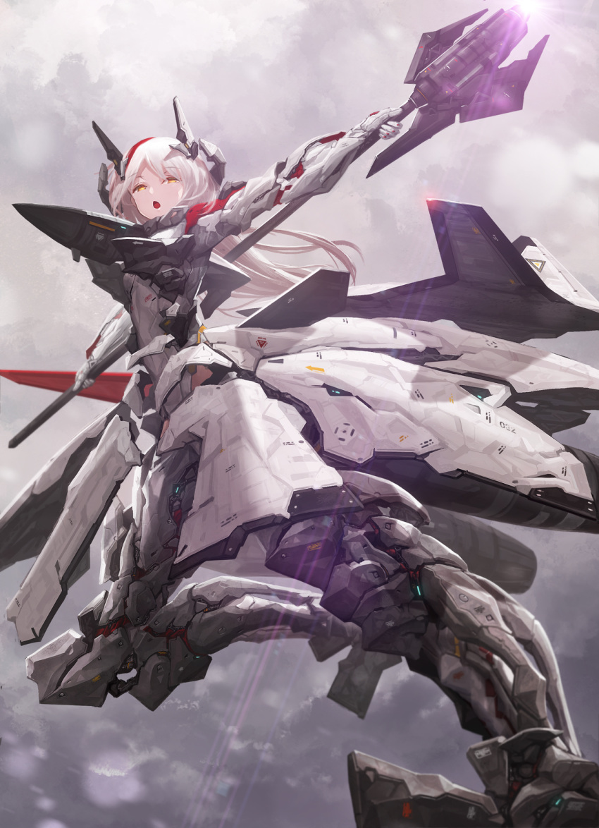 1girl ace_combat ace_combat_zero adfx-02_morgan aircraft airplane chestnut_mouth cloud cloudy_sky commentary_request dual_persona fighter_jet grey_sky grey_theme half-closed_eyes headgear highres holding holding_weapon jet lens_flare light_rays long_hair looking_at_viewer mecha_musume military military_vehicle outdoors outstretched_arms personification polearm_behind_back science_fiction sky solo sunbeam sunlight t-pose tom-neko_(zamudo_akiyuki) weapon white_hair yellow_eyes