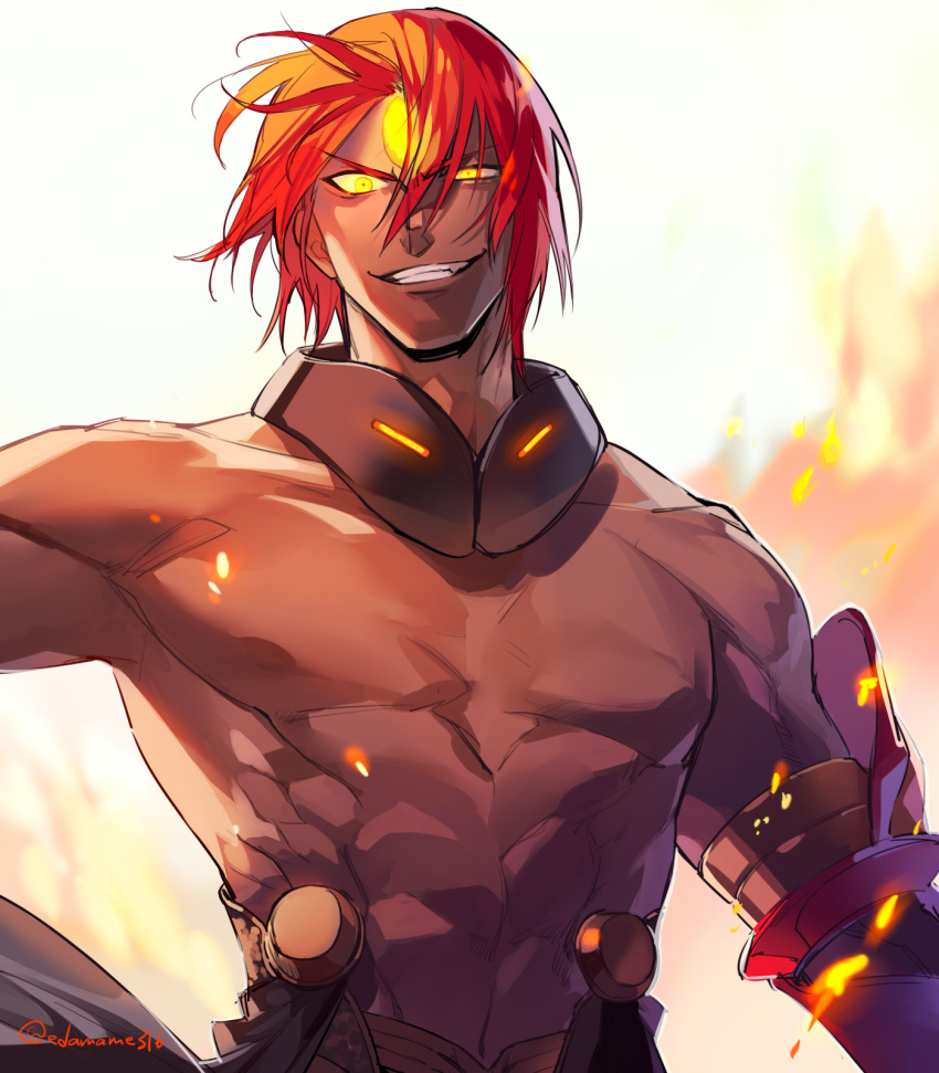 1boy abs ashwatthama_(fate/grand_order) bangs chest dark_skin dark_skinned_male edamameoishii embers fate/grand_order fate_(series) forehead_jewel glowing glowing_eyes glowing_jewelry highres jewelry looking_at_viewer male_focus muscle red_hair shiny shiny_hair shirtless smile solo teeth toned toned_male upper_body yellow_eyes