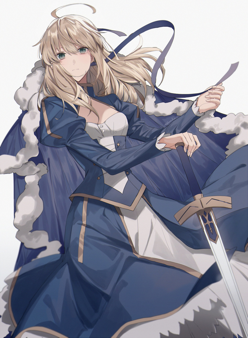 1girl absurdres ahoge alternate_hair_length alternate_hairstyle artoria_pendragon_(all) bangs blonde_hair blue_dress blue_ribbon breasts closed_mouth commentary_request dress excalibur eyebrows_visible_through_hair fate/stay_night fate_(series) frown hair_between_eyes hair_ribbon highres holding holding_sword holding_weapon long_dress long_hair long_sleeves looking_at_viewer puffy_sleeves ribbon saber simple_background solo sword weapon white_background yurumawari