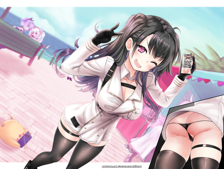 4girls ;d areolae ass azur_lane bare_shoulders beach black_gloves black_hair black_legwear black_panties blush bottomless breasts cleavage coat coat_dress day eyebrows_visible_through_hair fang fur-trimmed_coat fur_trim gloves green_eyes hands_up highres holding holding_phone javelin_(azur_lane) kono_dio_da laffey_(azur_lane) large_breasts long_hair long_sleeves looking_at_another looking_at_viewer looking_back manjuu_(azur_lane) market multiple_girls no_hat no_headwear one_eye_closed open_mouth outdoors padded_coat palm_tree pamiat_merkuria_(azur_lane) panties phone purple_eyes purple_hair purple_nails red_eyes russian_clothes sereneandsilent shirt side_ponytail silver_hair skindentation smile thighhighs tree underwear v very_long_hair white_coat