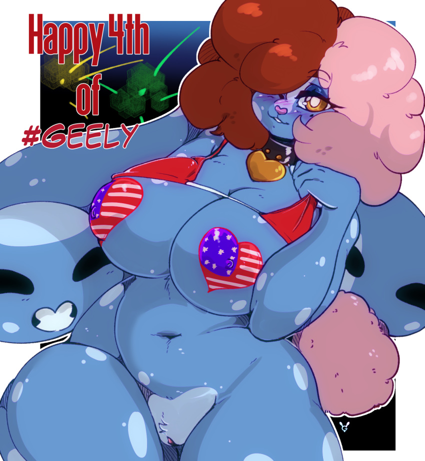 &lt;3 2020 4th_of_july amber_eyes anthro big_breasts bikini bikini_top blush bottomless breasts clothed clothing collar digital_media_(artwork) english_text female geeflakes geeflakes_(character) genitals hair hair_over_eye heart_nose hi_res lagomorph leporid looking_at_viewer mammal monster multicolored_hair navel one_eye_closed one_eye_obstructed pasties pink_nose pussy rabbit signature slightly_chubby smile solo stars_and_stripes swimwear text two_tone_hair united_states_of_america wink