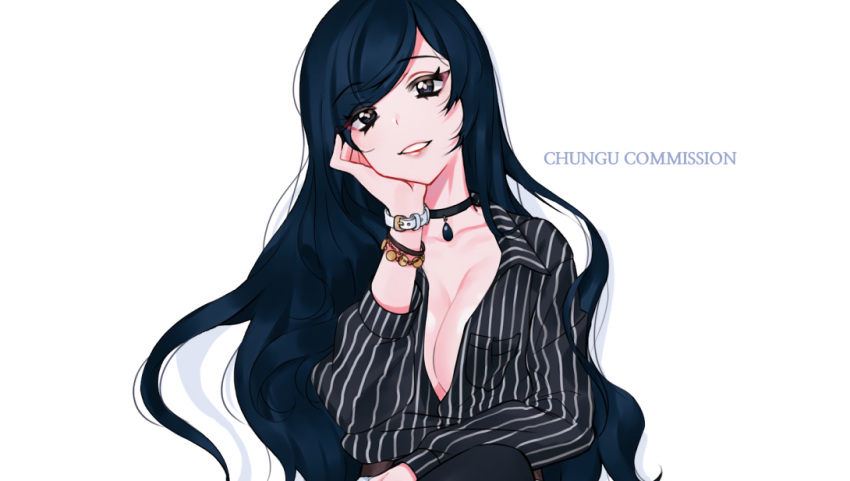 1girl artist_name black_choker black_eyes blue_hair breast_pocket breasts bright_pupils character_request check_copyright chin_rest choker chungu cleavage collared_shirt commission copyright_request cyphers grey_shirt head_tilt large_breasts long_hair long_sleeves looking_at_viewer pocket popped_collar shirt simple_background smile solo striped striped_shirt watch white_background white_pupils wing_collar wristband wristwatch