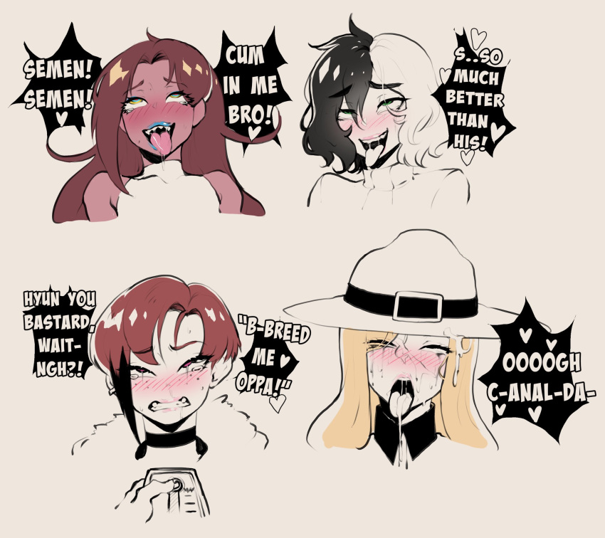 4girls ahegao black_hair blonde_hair blue_eyes blue_lipstick blush brown_hair calgary_callie choker clenched_teeth commentary controller crying crying_with_eyes_open cum cum_in_mouth cum_on_tongue dae_seo-yun_(nyantcha) dark_persona dark_skin drooling ear_piercing english_text eyebrows_visible_through_hair freckles fucked_silly green_eyes hat highres lipstick long_hair makeup mascara mountie multicolored multicolored_eyes multicolored_hair multiple_girls nose_blush nyantcha original piercing remote_control rolling_eyes runny_makeup saliva sharp_teeth speech_bubble sweater symbol_commentary tearing_up tears teeth tomboy tongue tongue_out tsona_(nyantcha) turtleneck turtleneck_dress turtleneck_sweater two-tone_hair white_hair yellow_eyes yorra_villeneuve
