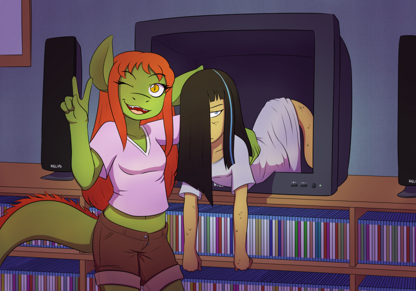 2019 anthro breasts brown_body brown_hair brown_scales cleo_(twin_dragons) clothed clothing dragon dragonkai duo female fully_clothed green_body green_scales hair highlights_(coloring) inside kaya_(twin_dragons) long_hair midriff non-mammal_breasts one_eye_closed peace_symbol red_hair reptile scales scalie snake television the_ring twin_dragons_(webcomic) wink