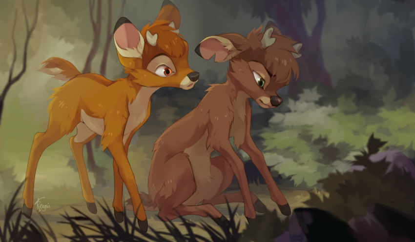 2020 antlers bronw_fur brown_eyes brown_hair cervid day detailed_background digital_media_(artwork) duo feral forest grass green_eyes hair hi_res hooves horn male mammal outside reysi sitting tree