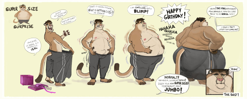 absurd_res annoyed anthro belly big_belly big_butt butt chubby_cheeks clothed clothing cougar dewlap_(anatomy) dialogue double_chin ed_shapeshifter english_text felid feline fur gift hands_on_belly hands_on_hips hi_res huge_butt laugh love_handles male mammal moobs morbidly_obese morbidly_obese_male navel nipples obese obese_male overweight overweight_male sequence smile solo speech_bubble standing text thick_thighs tight_clothing topless torn_clothing unseen_character weight_gain wide_hips