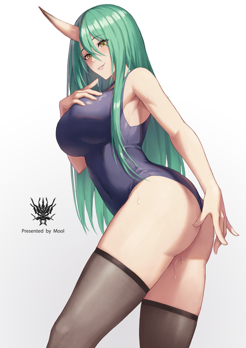 1girl aqua_hair arknights ass bangs bare_shoulders black_legwear blue_swimsuit blush breasts eyebrows_visible_through_hair grin hair_between_eyes highres horns hoshiguma_(arknights) long_hair looking_at_viewer mool_yueguang one-piece_swimsuit single_horn smile solo swimsuit thighhighs yellow_eyes