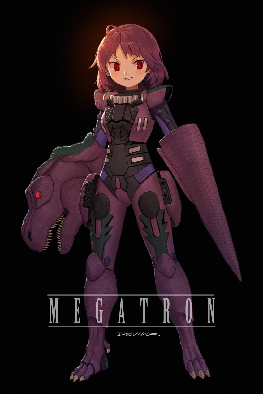 1girl absurdres ahoge black_background blush devil_lo dinosaur english_text highres megatron parted_lips purple_eyes red_eyes scales short_hair signature simple_background smile solo standing teeth transformers