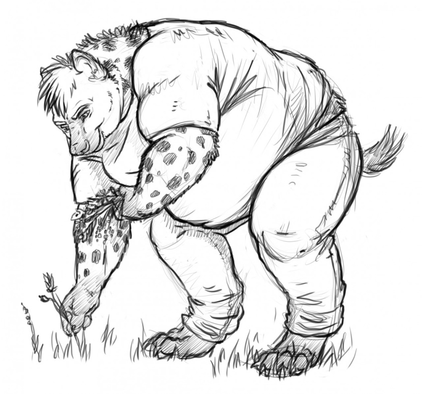 anthro belly bent_over claws clothed clothing flower fur greyscale holding_flower holding_object hyaenid male mammal monochrome outside overweight overweight_male plant smile solo spots spotted_body spotted_fur spotted_hyena standing titanacrotu toe_claws