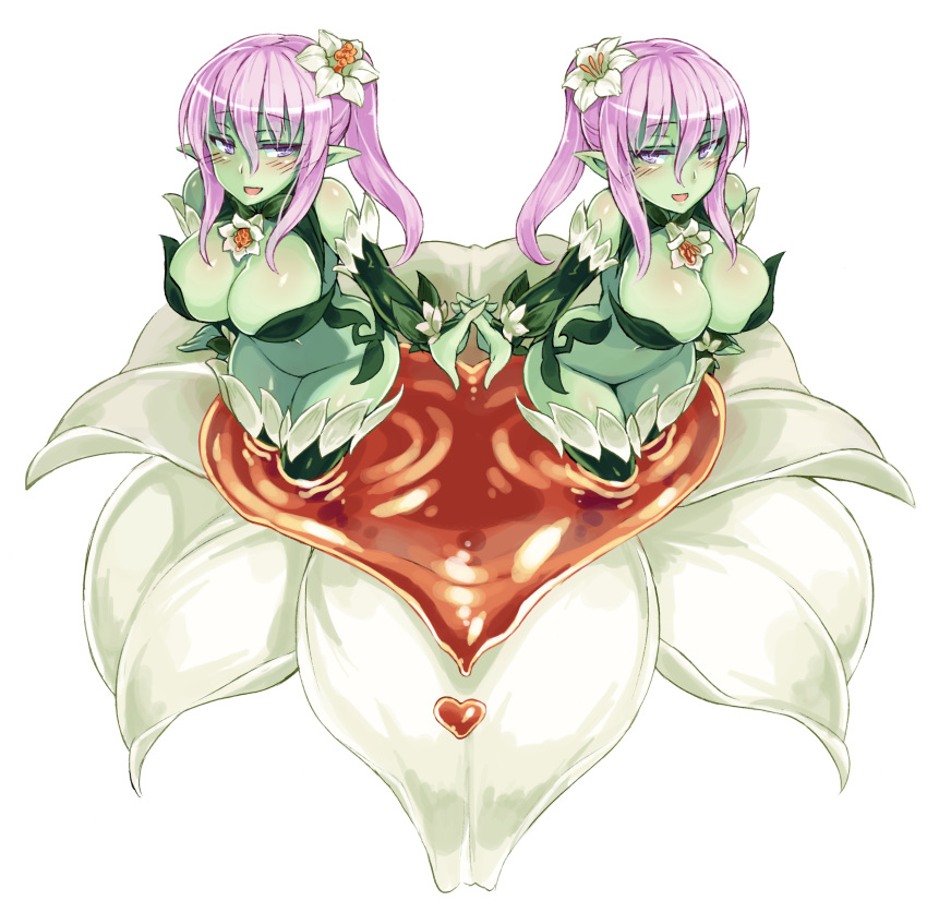 2girls absurdres alraune bare_shoulders breasts cleavage enty_reward flower full_body green_skin hair_flower hair_ornament highres interlocked_fingers kenkou_cross large_breasts liliraune_(monster_girl_encyclopedia) looking_at_viewer mirrored monster_girl monster_girl_encyclopedia multiple_girls official_art paid_reward pink_hair plant_girl purple_eyes simple_background smile white_background