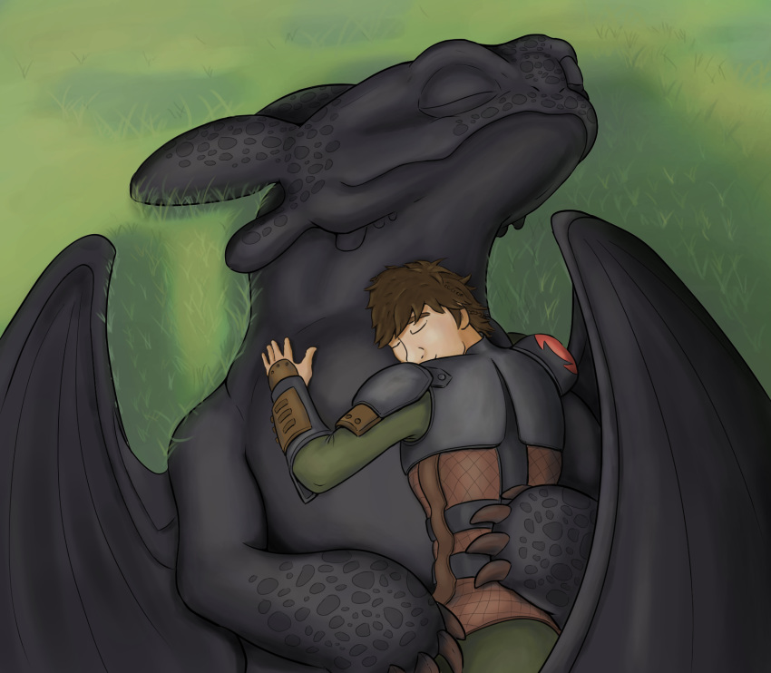 black_body black_scales clothing cuddling dragon dreamworks ekayas eyes_closed feral hi_res hiccup how_to_train_your_dragon hug human interspecies male male/male mammal membrane_(anatomy) night_fury scales scalie size_difference sleeping toothless western_dragon wings