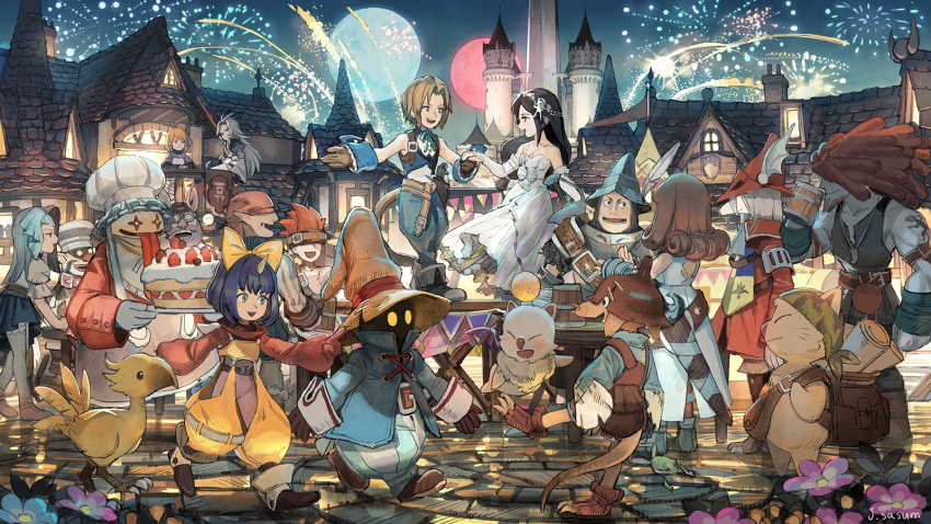 6+boys 6+girls adelbert_steiner armor baku_(ff9) bandana beatrix_(ff9) beer_mug blank cake castle chocobo cinna cup dress eiko_carol everyone final_fantasy final_fantasy_ix fireworks food freija_crescent garnet_til_alexandros_xvii hairlocs hat helmet highres holding_hands kuja marcus mikoto_(ff9) moon mug multiple_boys multiple_girls night night_sky puck_(ff9) quina_quen ruby_(ff9) salamander_coral sasumata_jirou sky smile stiltzkin tongue tongue_out vivi_ornitier white_dress zidane_tribal