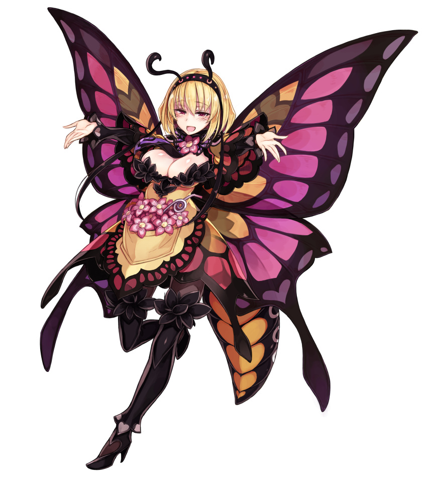 1girl :d absurdres antennae blonde_hair boots breasts butterfly_wings drinking_straw enty_reward flower full_body hairband high_heel_boots high_heels highres insect_girl kenkou_cross large_breasts looking_at_viewer monster_girl monster_girl_encyclopedia official_art open_mouth outstretched_arms paid_reward papillon_(monster_girl_encyclopedia) photoshop_(medium) pink_wings red_eyes short_hair simple_background smile solo spread_arms thigh_boots thighhighs white_background wings