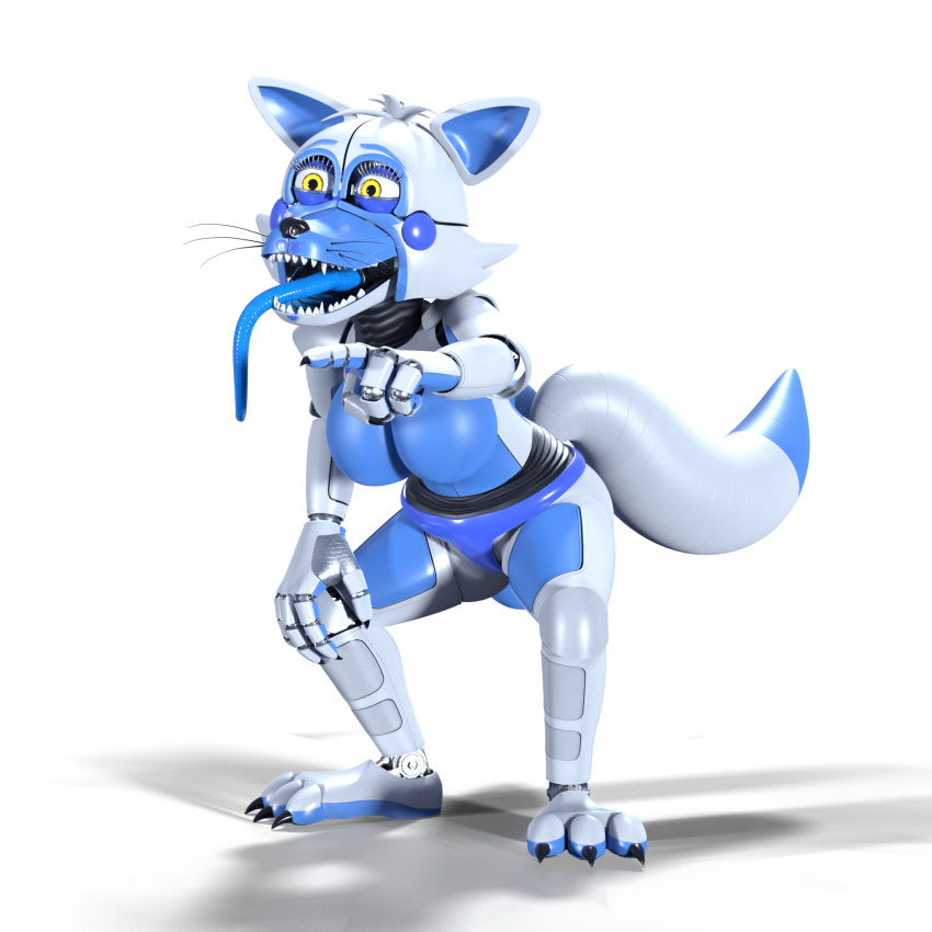 1:1 2020 2_tails 3_toes 3d_(artwork) 4_fingers alpha_channel animatronic anthro blue_body blue_tongue bluffy breasts canid canine claws digital_media_(artwork) dipstick_tail fan_character featureless_breasts featureless_crotch female fingers five_nights_at_freddy's fox funtime_foxy_(fnaf) gesture hi_res kristall_krit laugh long_tongue machine mammal multi_tail multicolored_body multicolored_tail pointing pseudo_clothing pseudo_hair robot sharp_teeth smile solo teeth tentacle_tongue tentacles toes tongue video_games white_body yellow_eyes