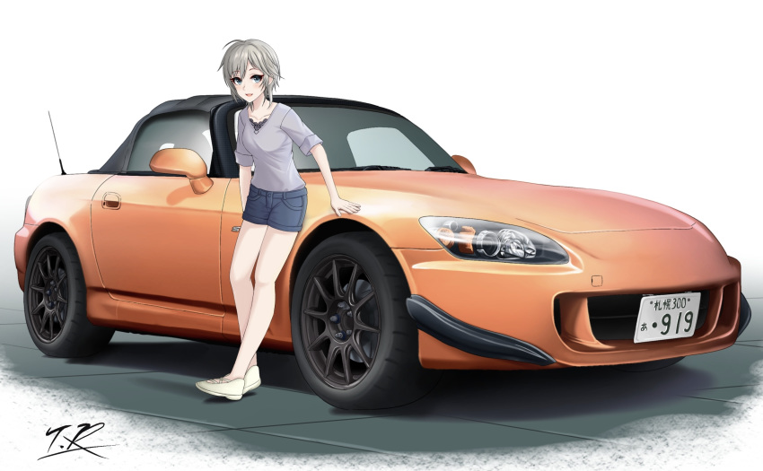 1girl :d anastasia_(idolmaster) antenna_hair bangs blue_eyes blue_shorts blush car collarbone convertible grey_hair grey_shirt ground_vehicle headlight highres honda honda_s2000 idolmaster idolmaster_cinderella_girls kanji license_plate looking_at_viewer motor_vehicle number open_mouth shirt short_hair short_sleeves shorts signature simple_background smile solo t.r wheel white_background white_footwear