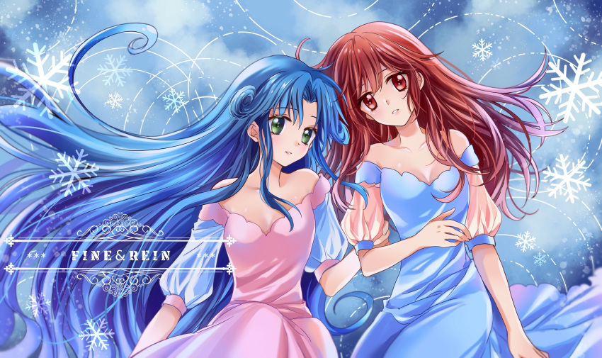 2girls absurdres blue_background blue_dress blue_hair breasts brown_hair character_name cleavage dress fine fushigiboshi_no_futago_hime green_eyes highres long_hair multiple_girls pink_dress puffy_sleeves red_eyes rein small_breasts snowflakes suzuki_(2red_moon3) very_long_hair