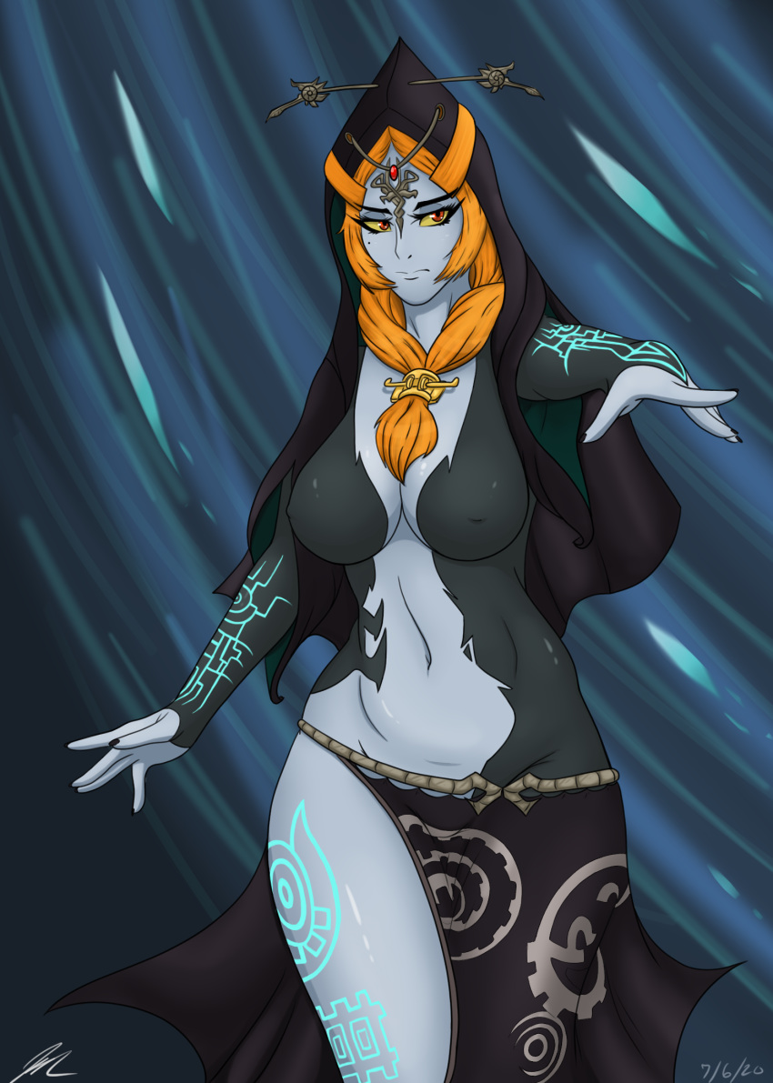 beauty_mark big_breasts breasts clothed clothing dress female gown hair hi_res hood humanoid jeffthehusky markings midna_(true_form) navel nintendo ornament ponytail red_eyes red_hair robe skimpy solo the_legend_of_zelda thick_thighs twilight_princess video_games yellow_sclera