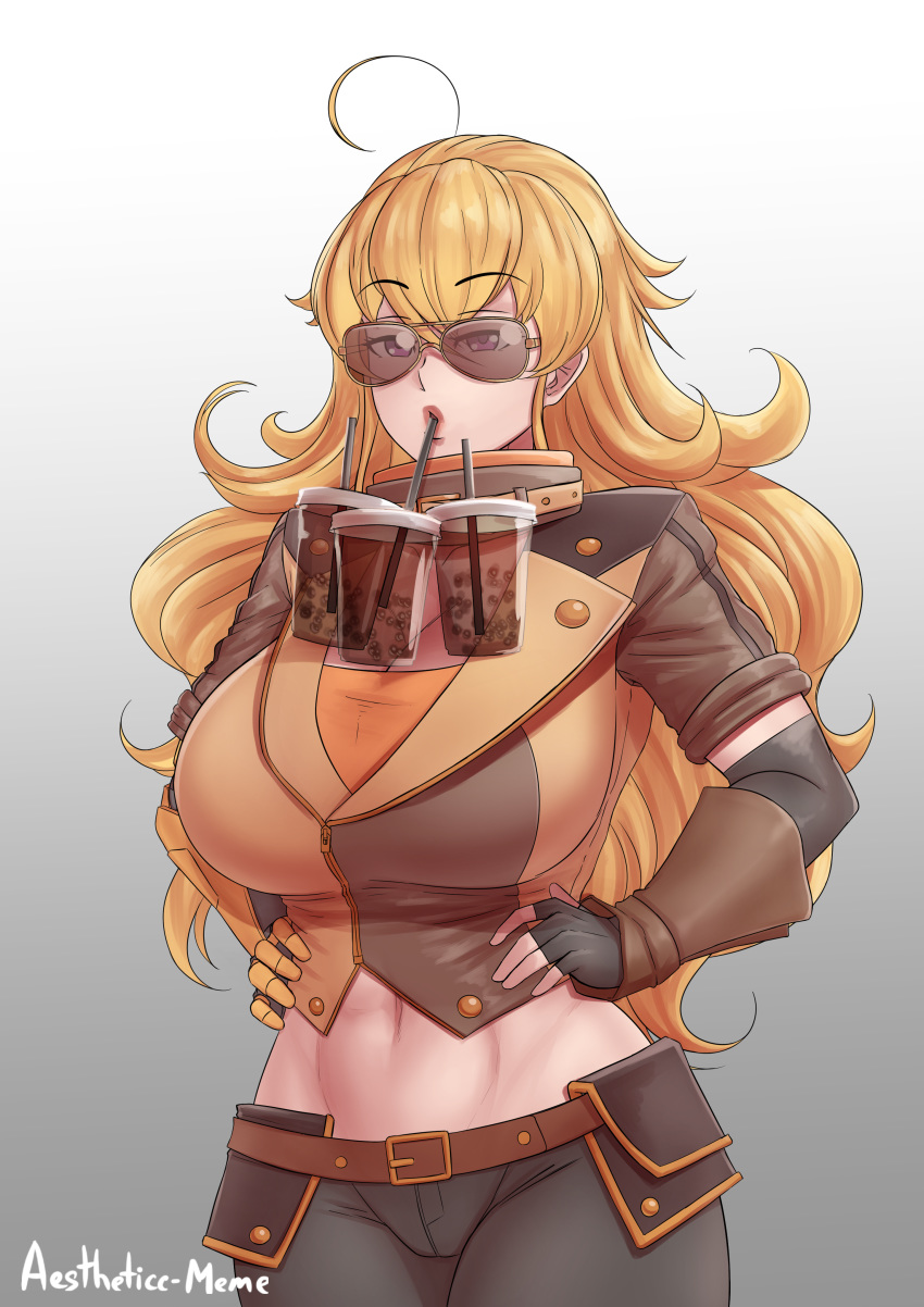 1girl abs absurdres aestheticc-meme ahoge aviator_sunglasses blonde_hair breasts bubble_tea bubble_tea_challenge cleavage collar commentary drinking_straw elbow_gloves english_commentary eyebrows_visible_through_hair fingerless_gloves gloves hands_on_hips highres huge_breasts lips long_hair mechanical_arm meme midriff object_on_breast pants prosthesis prosthetic_arm puckered_lips purple_eyes rwby solo sunglasses toned too_many yang_xiao_long