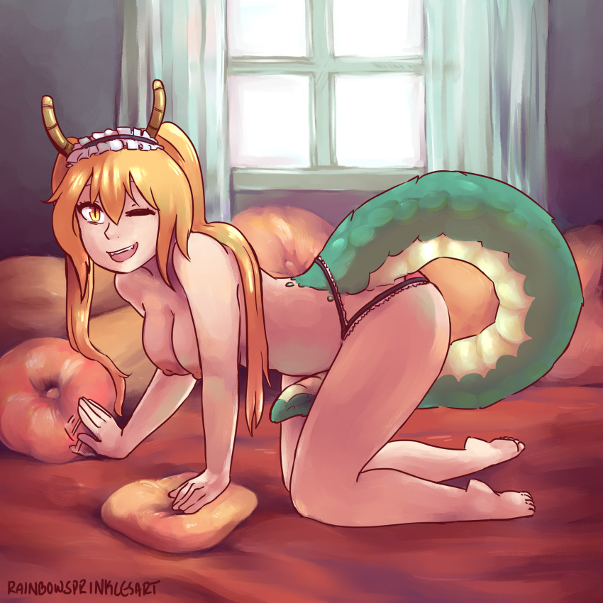 1:1 2020 absurd_res all_fours animal_humanoid breasts clothed clothing dragon dragon_humanoid feet female full-length_portrait green_tail hair hi_res horn humanoid humanoid_feet humanoid_hands long_hair miss_kobayashi's_dragon_maid nipples one_eye_closed panties portrait rainbowsprinklesart scalie scalie_humanoid side_view solo tohru_(dragon_maid) topless underwear wink