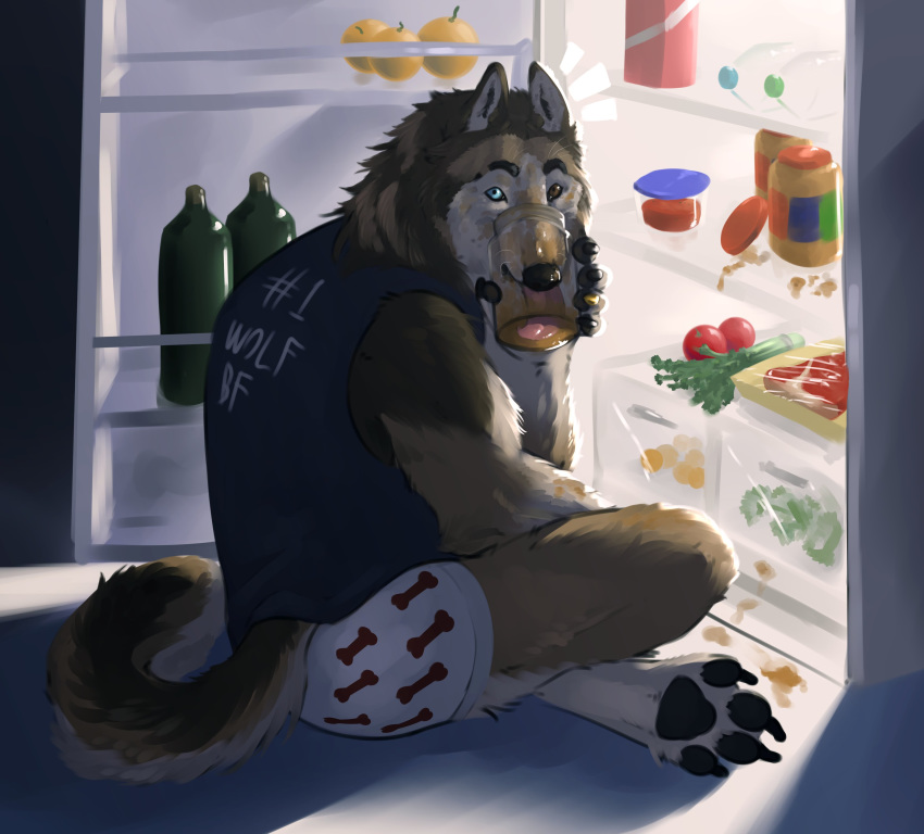 absurd_res anthro blue_eyes boxers_(clothing) brown_body brown_eyes brown_fur canid canine canis claws clothing crossed_legs fridge fur heterochromia hi_res inside jar kitchen licking male mammal pawpads peanut_butter reyes_(sepulte) sepulte sitting solo tongue tongue_out underwear whiskers wolf