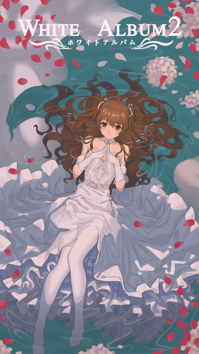 1girl absurdres brown_eyes brown_hair choker dress elbow_gloves facing_viewer fingers_together gloves highres in_water long_dress long_hair looking_at_viewer ogiso_setsuna pantyhose solo wedding_dress white_album_2 white_choker white_dress white_gloves white_legwear yurayura