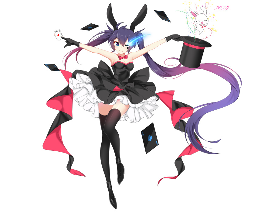 1girl 2020 ;) alternate_costume armpits arms_up black_gloves black_headwear black_legwear black_rock_shooter black_rock_shooter_(character) black_skirt blue_eyes blush bow bowtie breasts bunny card cleavage closed_mouth floating_hair full_body gloves gradient_hair hat highres holding holding_card holding_hat layered_skirt long_hair looking_at_viewer medium_breasts medium_skirt multicolored_hair one_eye_closed outstretched_arms oywj purple_hair red_bow red_neckwear skirt skirt_set smile solo strapless thighhighs transparent_background very_long_hair white_skirt