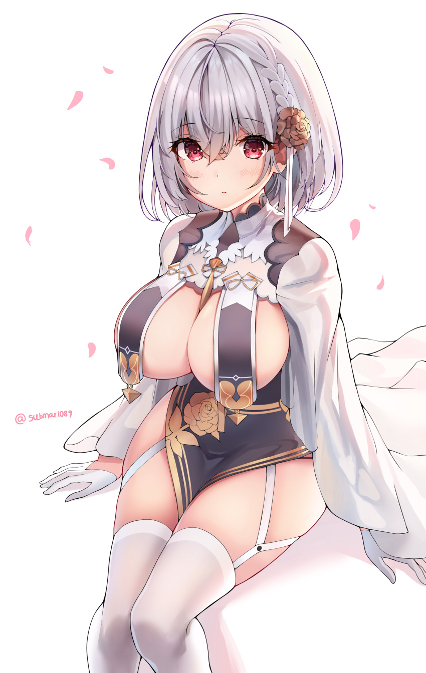 1girl absurdres azur_lane bangs blush braid breast_curtains breasts china_dress chinese_clothes closed_mouth dress eyebrows_visible_through_hair floral_print flower garter_straps gloves hair_between_eyes hair_flower hair_ornament half_gloves highres large_breasts looking_at_viewer neckwear_between_breasts pelvic_curtain petals red_eyes revealing_clothes short_hair sirius_(azur_lane) sirius_(azure_horizons)_(azur_lane) sitting sobmarine solo thighhighs white_background white_gloves white_hair white_legwear