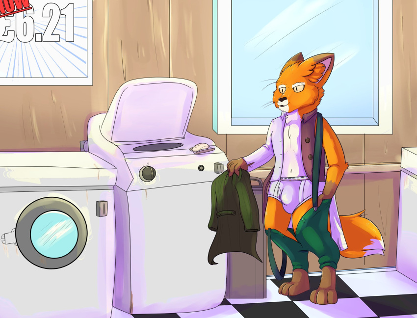 anthro bottomwear briefs bulge canid canine cheese_grater clothed clothing digitigrade dress_shirt drjoshfox fox hand_in_pants hi_res jacket laudromat laundry male mammal mr._tod_(character) pants partially_clothed shirt soap solo suspenders tighty_whities topwear underwear vest washing_machine white_clothing white_underwear window