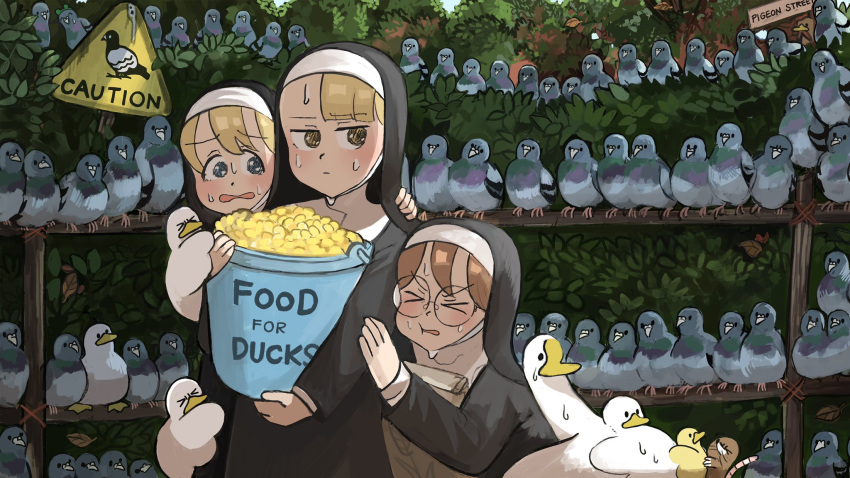 &gt;_&lt; 3girls autumn_leaves bird blonde_hair blue_eyes book book_hug brown_hair bucket bush catholic caution cheek_bulge chicken chili_pepper clinging commentary corn diva_(hyxpk) duck duckling earthworm english_commentary fence food food_on_head frog_headband glasses glasses_nun_(diva) goose habit half-bang_nun_(diva) hand_on_another's_arm hand_on_another's_shoulder hiding highres holding holding_book holding_bucket hug leaf little_nuns_(diva) looking_to_the_side mole_(animal) mouth_hold multiple_girls nun object_hug object_on_head odd_one_out open_mouth outdoors pigeon poop protagonist_nun_(diva) scared sign sweat sweating_profusely too_many too_many_birds warning_sign wavy_mouth yellow_eyes