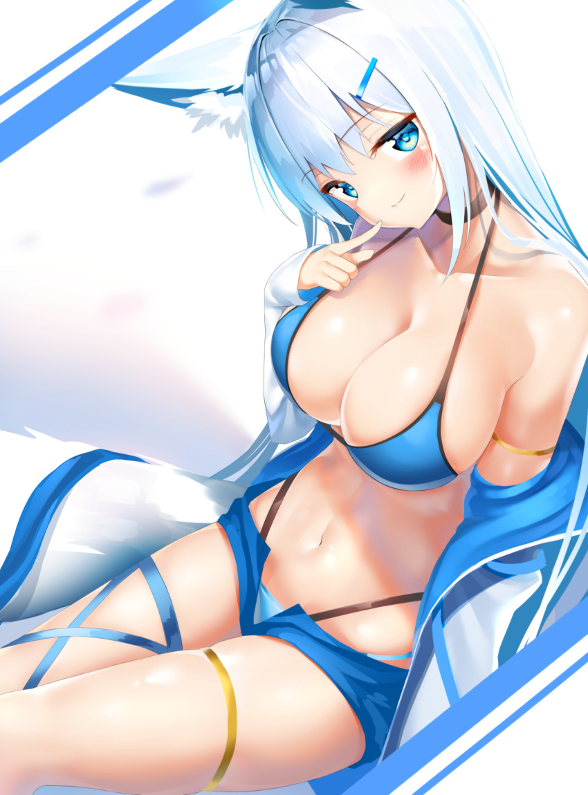 1girl animal_ears arm_strap bare_shoulders bikini black_choker blue_bikini blue_eyes blue_shorts breasts choker cleavage collarbone fox_ears fox_girl fox_tail hair_ornament hairclip halter_top halterneck head_tilt highleg highleg_bikini highres index_finger_raised jacket kurotobi_rarumu large_breasts long_hair looking_at_viewer micro_shorts navel off_shoulder open_clothes open_fly open_jacket original shorts smile solo stomach string_bikini swimsuit tail thigh_strap thighs white_hair white_jacket