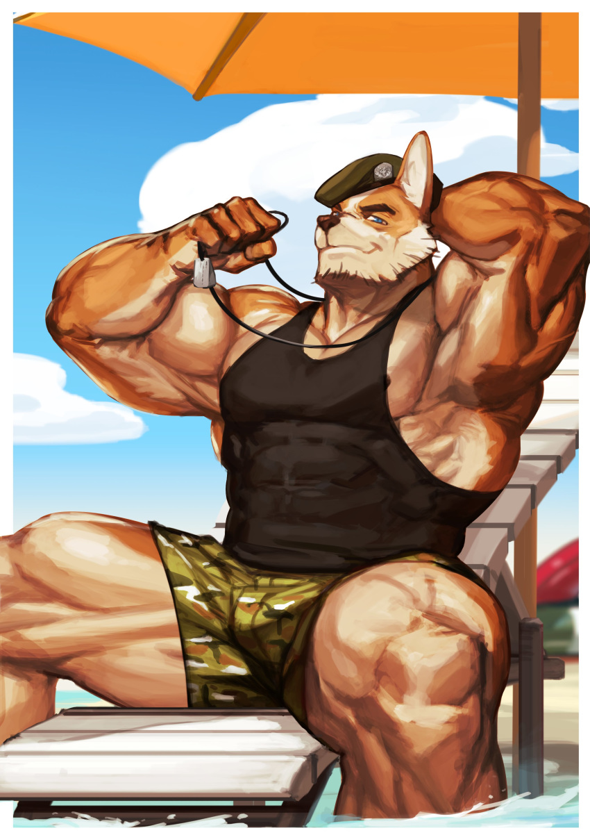 2020 5_fingers absurd_res anthro beach beach_umbrella beret biceps big_muscles black_nose blue_eyes bottomwear brown_nipples bulge canid canine canis chair clothing dog_tags domestic_dog fingers fur furniture hand_behind_head hat headgear headwear herding_dog hi_res humanoid_hands looking_at_viewer lounge_chair male mammal muscular muscular_anthro muscular_male nipples pastoral_dog quads seaside shirt shorts smile soldier solo tan_body tan_fur tank_top tight_clothing topwear traver009 triceps warrior welsh_corgi