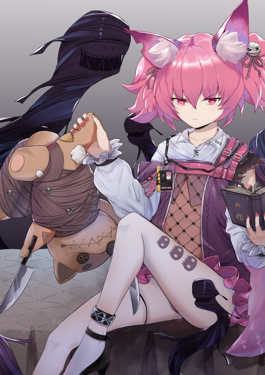 1girl absurdres animal_ear_fluff animal_ears arknights as_yinshimao bangs black_footwear book commentary eyebrows_visible_through_hair feet_out_of_frame fox_ears gradient gradient_background grey_background hair_between_eyes hand_up high_heels highres holding holding_book knife long_sleeves looking_at_viewer nail_polish pink_eyes pink_hair pink_nails shamare_(arknights) short_hair sitting solo stuffed_animal stuffed_toy thighs twintails v-shaped_eyebrows