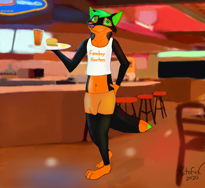 absurd_res anthro barefoot beverage black_body black_fur bottomwear burger canid canine clothed clothing detailed_background food fox fries fur girly green_eyes green_hair hair hi_res inner_ear_fluff koto_(kotofox) kotofox looking_at_viewer male mammal meme navel orange_body orange_fur smile soda tuft