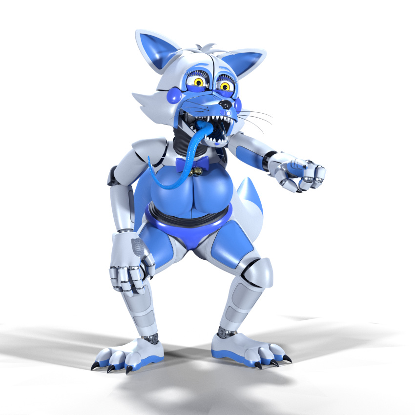 1:1 2020 2_tails 3_toes 3d_(artwork) 4_fingers alpha_channel animatronic anthro bell blue_body blue_tongue bluffy bow_tie breasts canid canine claws digital_media_(artwork) dipstick_tail fan_character featureless_breasts featureless_crotch female fingers five_nights_at_freddy's fox funtime_foxy_(fnaf) gesture hi_res kristall_krit laugh long_tongue machine mammal multi_tail multicolored_body multicolored_tail pointing pseudo_clothing pseudo_hair robot sharp_teeth smile solo teeth tentacle_tongue tentacles toes tongue video_games white_body yellow_eyes