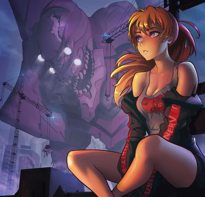 1girl bangs bare_shoulders black_jacket breasts building cleavage clothes_writing collarbone crane_(machine) damaged eva_02 evening grey_shirt hair_between_eyes highres jacket lem long_hair long_sleeves looking_away neon_genesis_evangelion off_shoulder orange_hair parted_lips purple_eyes scenery shirt short_shorts shorts sitting sleeveless sleeveless_shirt solo souryuu_asuka_langley