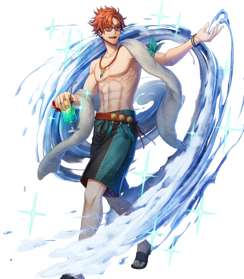 1boy abs argon_(exys) belt drink fire_emblem fire_emblem:_three_houses fire_emblem_heroes flower food full_body highres ice_cream jewelry male_focus navel necklace official_art open_mouth orange_hair sandals shirtless solo sparkle sunglasses swimsuit sylvain_jose_gautier teeth towel transparent_background water