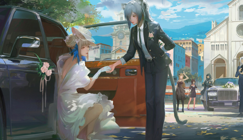 1boy 1other 4girls a-m-one animal_ears arknights arm_behind_back arms_up backless_dress backless_outfit bangs belt black_dress black_legwear blazer blonde_hair blue_hair blue_jacket blue_pants braid braided_bun bride building butterfly_hair_ornament car ceylon_(arknights) character_request chinese_commentary church clapping closed_mouth collared_shirt commentary_request crossed_arms day doctor_(arknights) dress faceless faceless_female flower formal gloves ground_vehicle hair_bun hair_ornament hat highres holding holding_flower holding_hands horns jacket long_hair mini_hat motor_vehicle multiple_girls neck_ribbon outdoors pants pantyhose pink_flower pink_rose puffy_short_sleeves puffy_sleeves ribbon rose schwarz_(arknights) shirt short_sleeves sidelocks sitting sleeveless sleeveless_dress smile standing suit tail thumbs_up wedding_dress white_dress white_gloves white_headwear white_shirt wing_collar yellow_eyes yuri