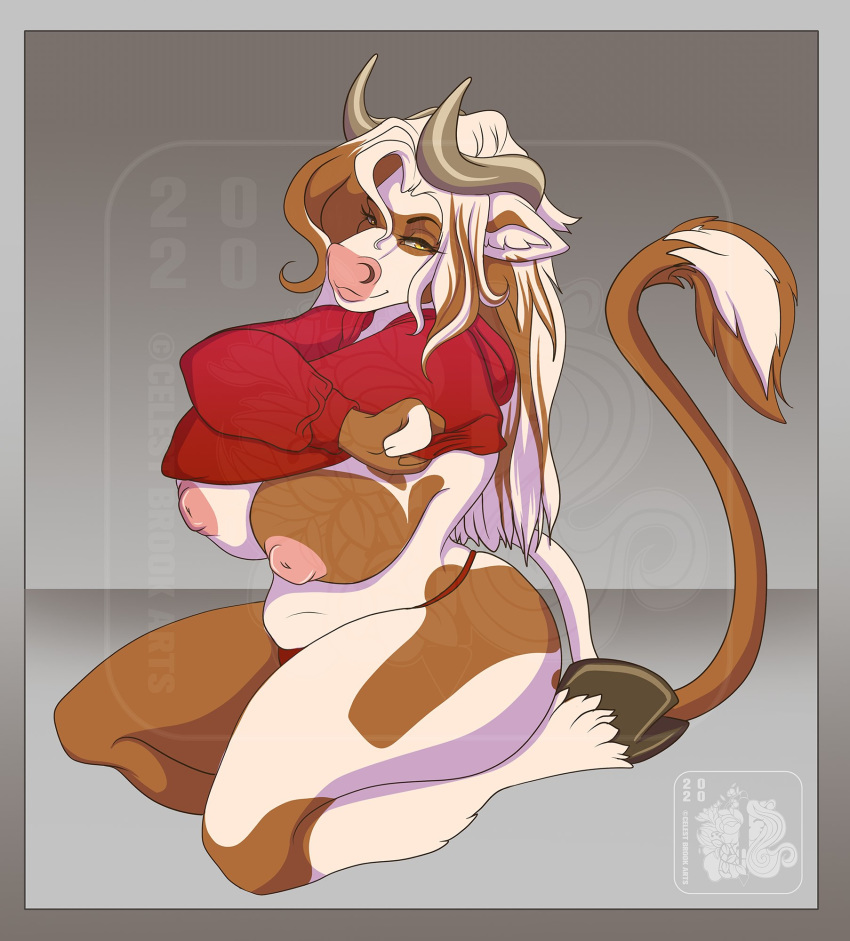 2020 anthro big_breasts bovid bovine breasts cattle celestbrook clothing curvy_figure female hi_res hooves horn looking_at_viewer mammal panties removing_shirt solo underwear undressing voluptuous watermark