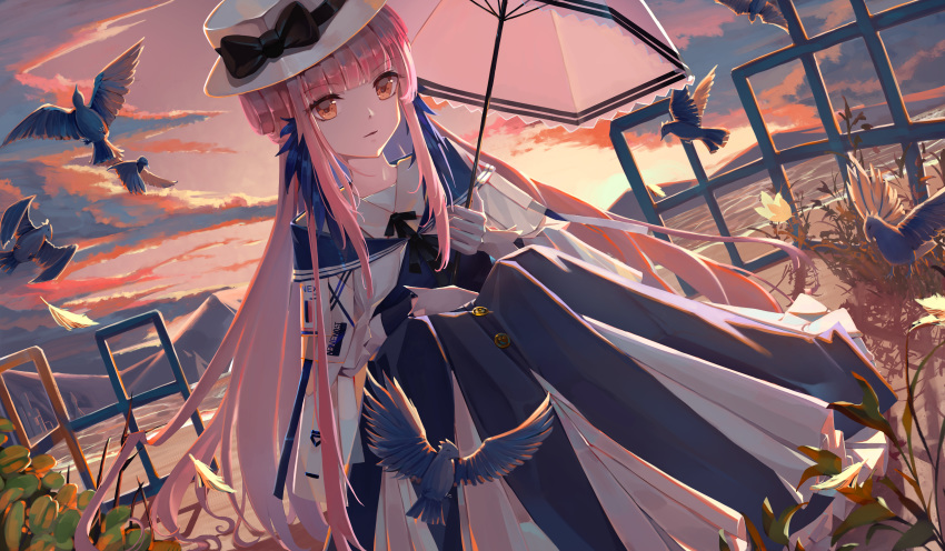 1girl absurdres arknights bangs bird black_bow blue_dress bow brown_eyes ceylon_(arknights) cloud dress eyebrows_visible_through_hair gloves hat hat_bow highres holding holding_umbrella long_hair looking_at_viewer nosttat outdoors pink_hair plant sitting solo sunset umbrella very_long_hair white_gloves white_headwear white_umbrella