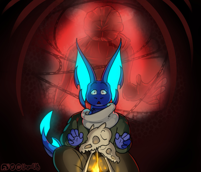 2019 5_fingers absurd_res anthro blue_body blue_scales bone clothed clothing dead_by_daylight demogorgon digital_media_(artwork) dragon fingers fire flay_(wingedwilly) front_view hex_totem hi_res humanoid monster monstrous_humanoid netflix open_mouth reptile scales scalie skull stranger_things surprise wide_eyed wingedwilly