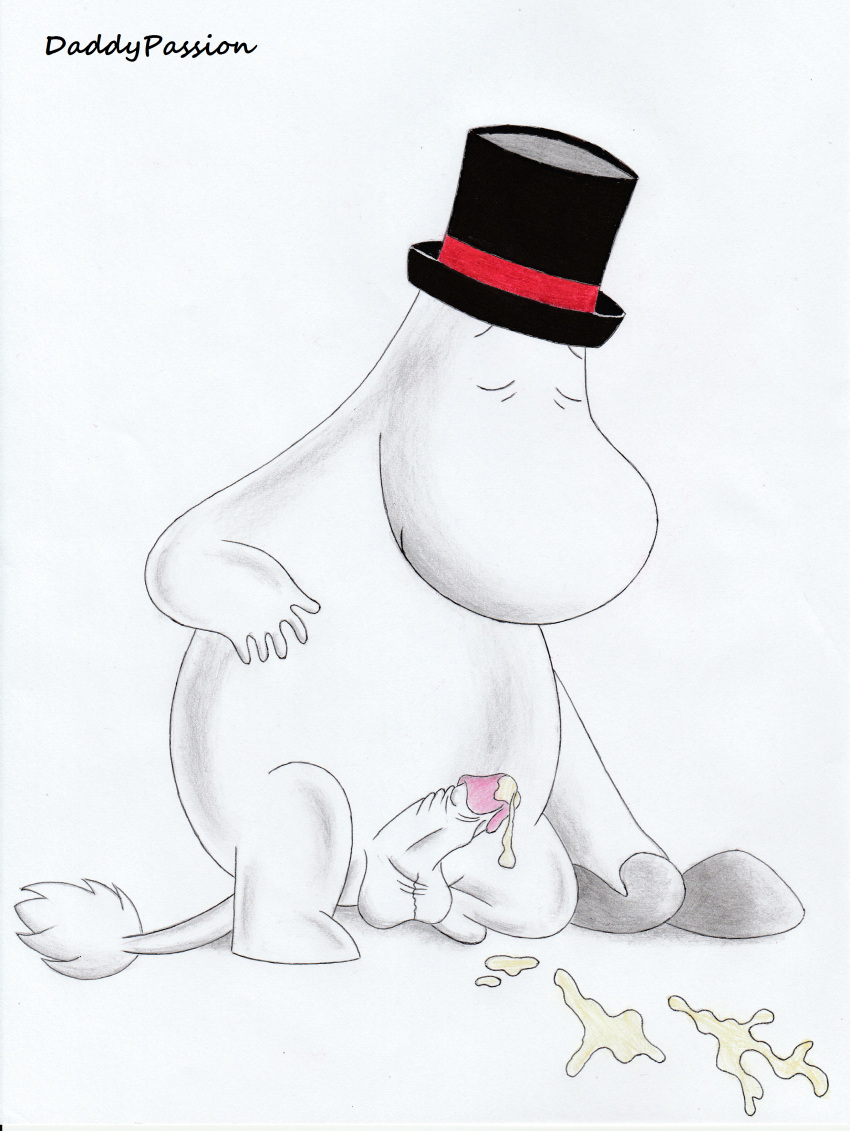 absurd_res balls bodily_fluids clothing cum cum_on_penis cumshot daddypassion ejaculation erection genital_fluids genitals hat headgear headwear hi_res humanoid_genitalia humanoid_penis male moominpappa moomins nude orgasm penis simple_background smile solo the_moomins top_hat