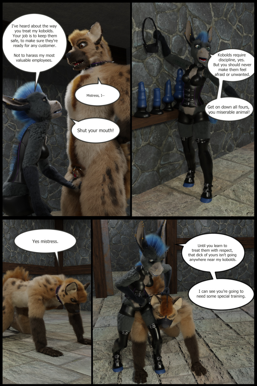 2:3 3d_(artwork) all_fours anamosus anthro asinus ball_squeeze black_border border chastity_cage chastity_device comic digital_media_(artwork) dildo donkey english_text equid equine female gnoll hi_res hyaenid male male/female mammal muzzle_(object) sex_toy text