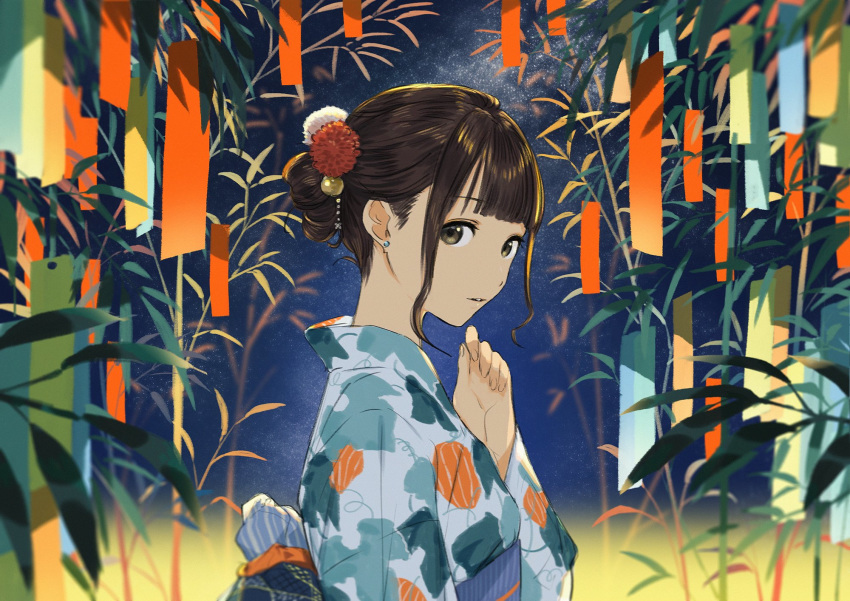 ao_fujimori bamboo brown_eyes brown_hair earrings hair_bun hair_ornament highres jewelry looking_at_viewer night original tanabata